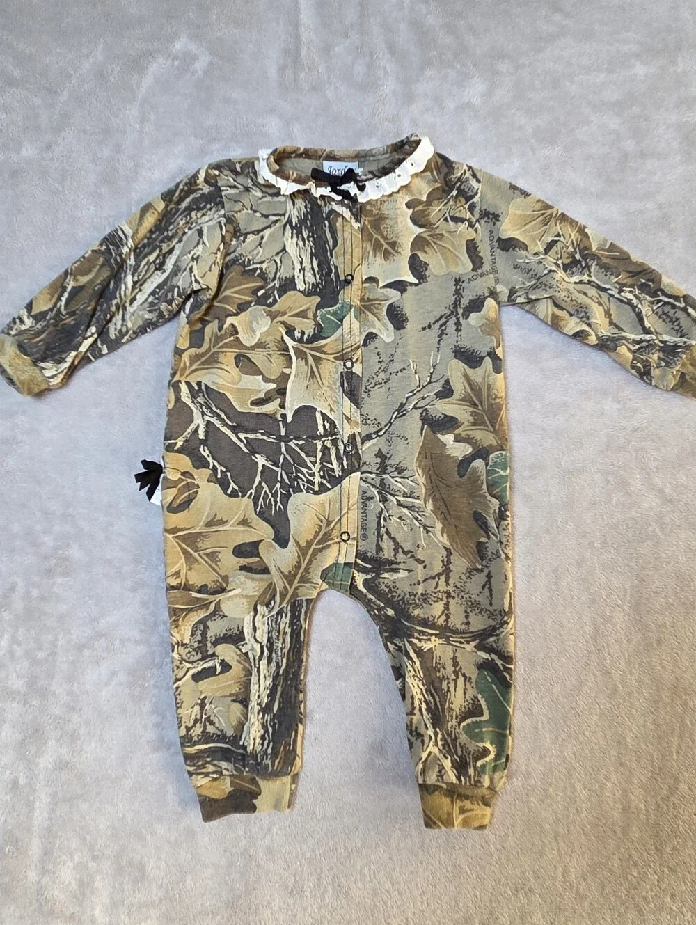 Vintage Jordan Lee Originals Baby Camo Sleeper Romper Made in USA Ruffle Collar